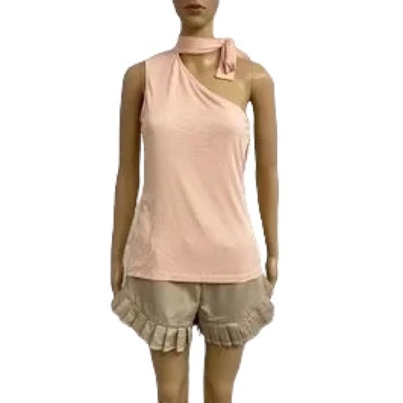1. State The Artist Shadow One Shoulder Tie Neck Top. Pink. Small. Pastel - Picture 2 of 12